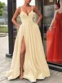 A-Line/Princess Straps Sweep Train Satin Prom Dresses With Leg Slit