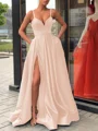 A-Line/Princess Straps Sweep Train Satin Prom Dresses With Leg Slit