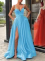 A-Line/Princess Straps Sweep Train Satin Prom Dresses With Leg Slit
