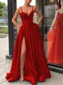 A-Line/Princess Straps Sweep Train Satin Prom Dresses With Leg Slit