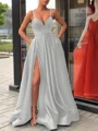 A-Line/Princess Straps Sweep Train Satin Prom Dresses With Leg Slit