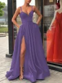 A-Line/Princess Straps Sweep Train Satin Prom Dresses With Leg Slit