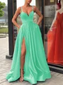 A-Line/Princess Straps Sweep Train Satin Prom Dresses With Leg Slit