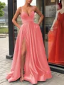 A-Line/Princess Straps Sweep Train Satin Prom Dresses With Leg Slit