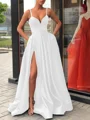 A-Line/Princess Straps Sweep Train Satin Prom Dresses With Leg Slit