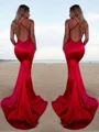 Trumpet/Mermaid Halter Sweep Train Silk like Satin Prom Dresses With Leg Slit