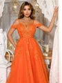 A-Line/Princess Tulle V-neck Appliques Lace Spaghetti Straps Sweep Train Dresses