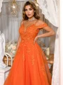 A-Line/Princess Tulle V-neck Appliques Lace Spaghetti Straps Sweep Train Dresses
