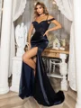 Sheath/Column Ruched Sweetheart Silk Like Satin Off-the-Shoulder Sweep Train Dress