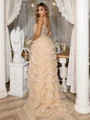 A-Line/Princess Tulle V-neck Appliques Lace Sweep Train Dress