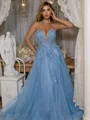 A-Line V-neck Tulle Spaghetti Straps Appliques Lace Sweep Train Dress