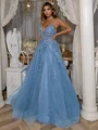 A-Line V-neck Tulle Spaghetti Straps Appliques Lace Sweep Train Dress