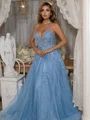 A-Line V-neck Tulle Spaghetti Straps Appliques Lace Sweep Train Dress