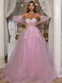 A-Line Sweetheart Ruffles Strapless Appliques Lace Sweep Train Dress