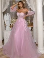 A-Line Sweetheart Ruffles Strapless Appliques Lace Sweep Train Dress