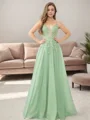 A-line V-neck Appliques Lace Floor-Length Tulle Dress