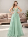 A-line V-neck Appliques Lace Floor-Length Tulle Dress
