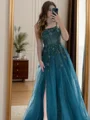 A-line Spaghetti Straps Appliques Lace Floor-Length Tulle Dress