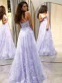 A-line V-neck Appliques Lace Floor-Length Tulle Dress