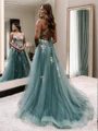 A-line V-neck Appliques Lace Sweep Train Tulle Dress