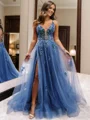 A-line V-neck Appliques Lace Sweep Train Tulle Dress