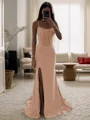 Sheath Spaghetti Straps Pleated Sweep Train Silk Like Satin Corset Dress