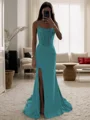 Sheath Spaghetti Straps Pleated Sweep Train Silk Like Satin Corset Dress