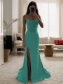 Sheath Spaghetti Straps Pleated Sweep Train Silk Like Satin Corset Dress