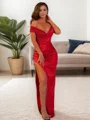 Sheath/Column Off-the-Shoulder Floor-Length Silk Like Satin Dresses with Leg Slit