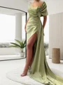 Sheath/Column Off-the-Shoulder Court Train Silk Like Satin Dresses with Leg Slit