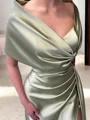 Sheath/Column Off-the-Shoulder Court Train Silk Like Satin Dresses with Leg Slit
