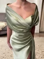 Sheath/Column Off-the-Shoulder Court Train Silk Like Satin Dresses with Leg Slit