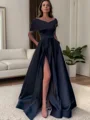 A-Line/Princess Off-the-Shoulder Floor-Length Satin Dresses with Leg Slit