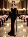 Sheath/Column Sweetheart Sweep Train Velvet Dresses with Leg Slit