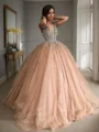 Ball Gown V-neck Floor-Length Tulle Prom Dresses With Beading