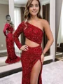 Trumpet/Mermaid Velvet Sequins One-Shoulder Long Sleeve Sweep Train Dress