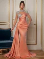 Sheath High Neck Long Sleeves Rhinestone Sweep Train Silk Like Satin Dress