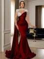 Sheath High Neck Long Sleeves Rhinestone Sweep Train Silk Like Satin Dress