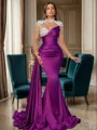 Sheath High Neck Long Sleeves Rhinestone Sweep Train Silk Like Satin Dress