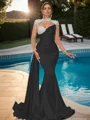 Sheath High Neck Long Sleeves Rhinestone Sweep Train Silk Like Satin Dress