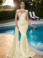 Sheath High Neck Long Sleeves Rhinestone Sweep Train Silk Like Satin Dress