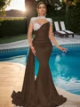 Sheath High Neck Long Sleeves Rhinestone Sweep Train Silk Like Satin Dress