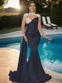 Sheath High Neck Long Sleeves Rhinestone Sweep Train Silk Like Satin Dress