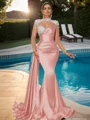 Sheath High Neck Long Sleeves Rhinestone Sweep Train Silk Like Satin Dress