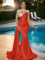 Sheath High Neck Long Sleeves Rhinestone Sweep Train Silk Like Satin Dress