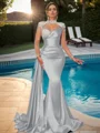 Sheath High Neck Long Sleeves Rhinestone Sweep Train Silk Like Satin Dress