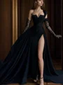 A-line One-Shoulder Appliques Lace Court Train Satin Chiffon Corset Dress