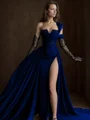 A-line One-Shoulder Appliques Lace Court Train Satin Chiffon Corset Dress