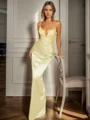 Sheath V-neck Pleated Floor-Length Silk Like Satin Dress
