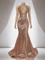 Sheath V-neck Sequin Sweep Train Sequins Dress